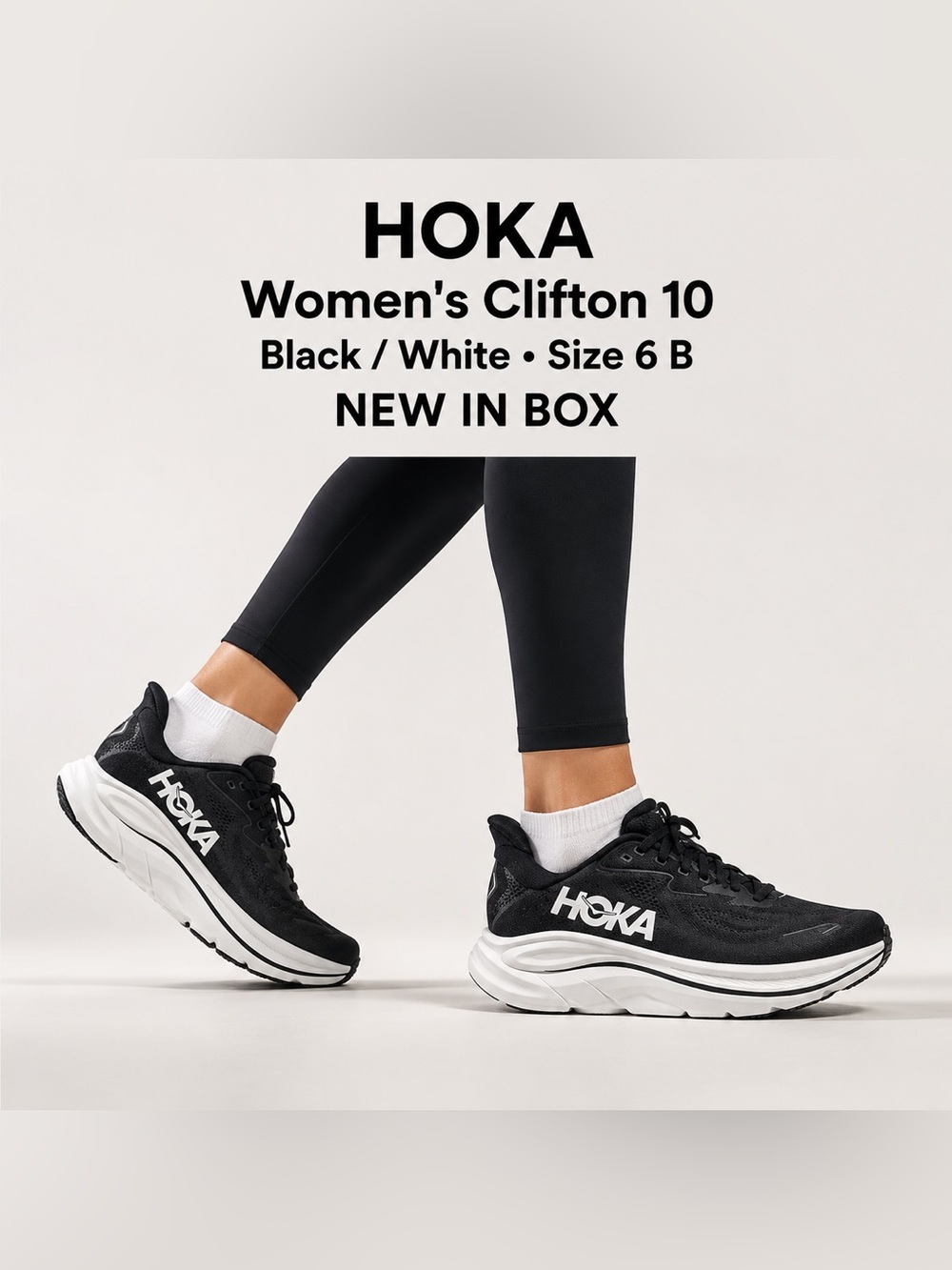 HOKA Women's Clifton 10
Running Shoes - Black/White -
Sz  6B NIB/Store display